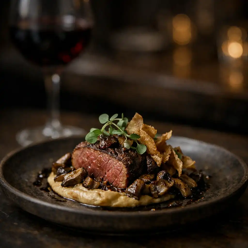 Beautifully plated dish on a dark ceramic plate with a glass of red wine in the background