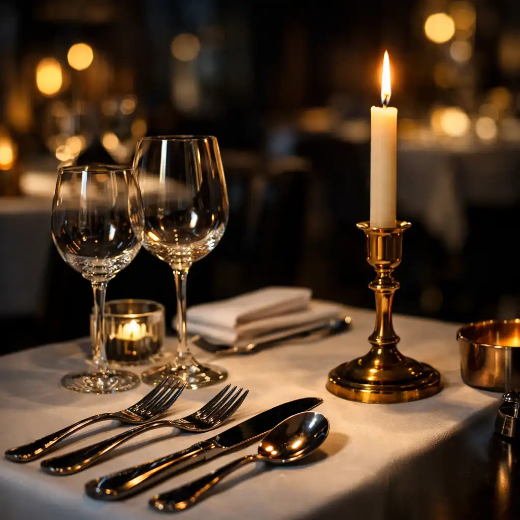 A beautifully set dining table with a white tablecloth, polished silverware, and a single candle in a gold holder