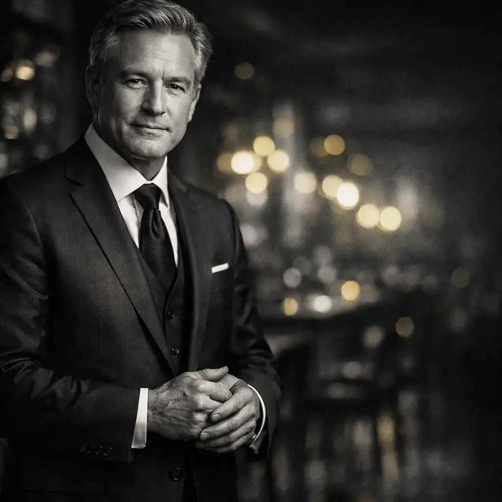 Portrait of a distinguished man in a tailored dark suit, standing in a softly lit restaurant interior