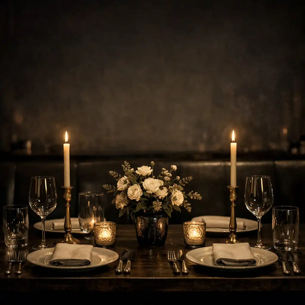 Beautifully set dining table with candles and a small floral arrangement