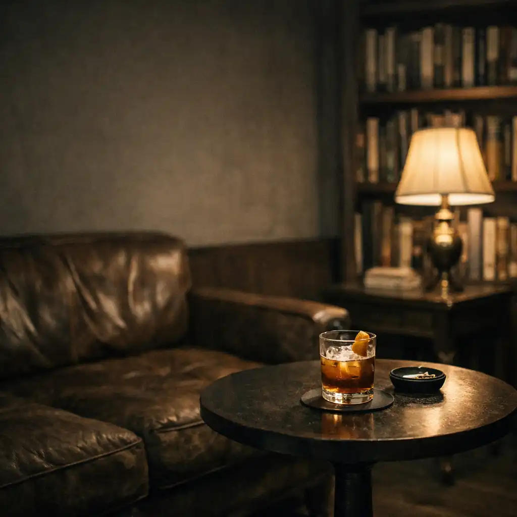Cozy lounge corner with a leather sofa, small table, and bookshelf