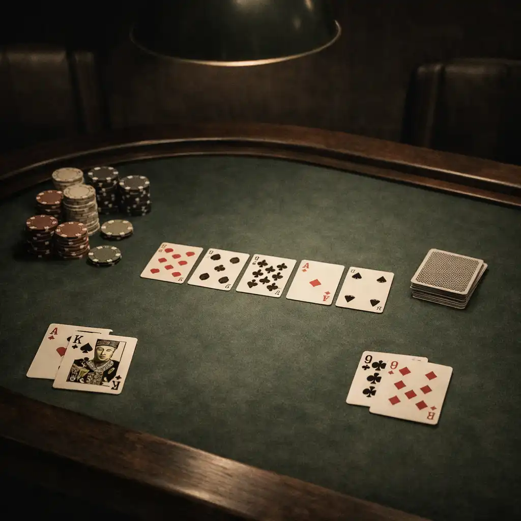 Poker table with cards and chips neatly arranged under a low-hanging lamp