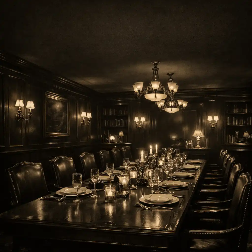 Dimly lit restaurant dining room with dark wood tables and warm pendant lighting