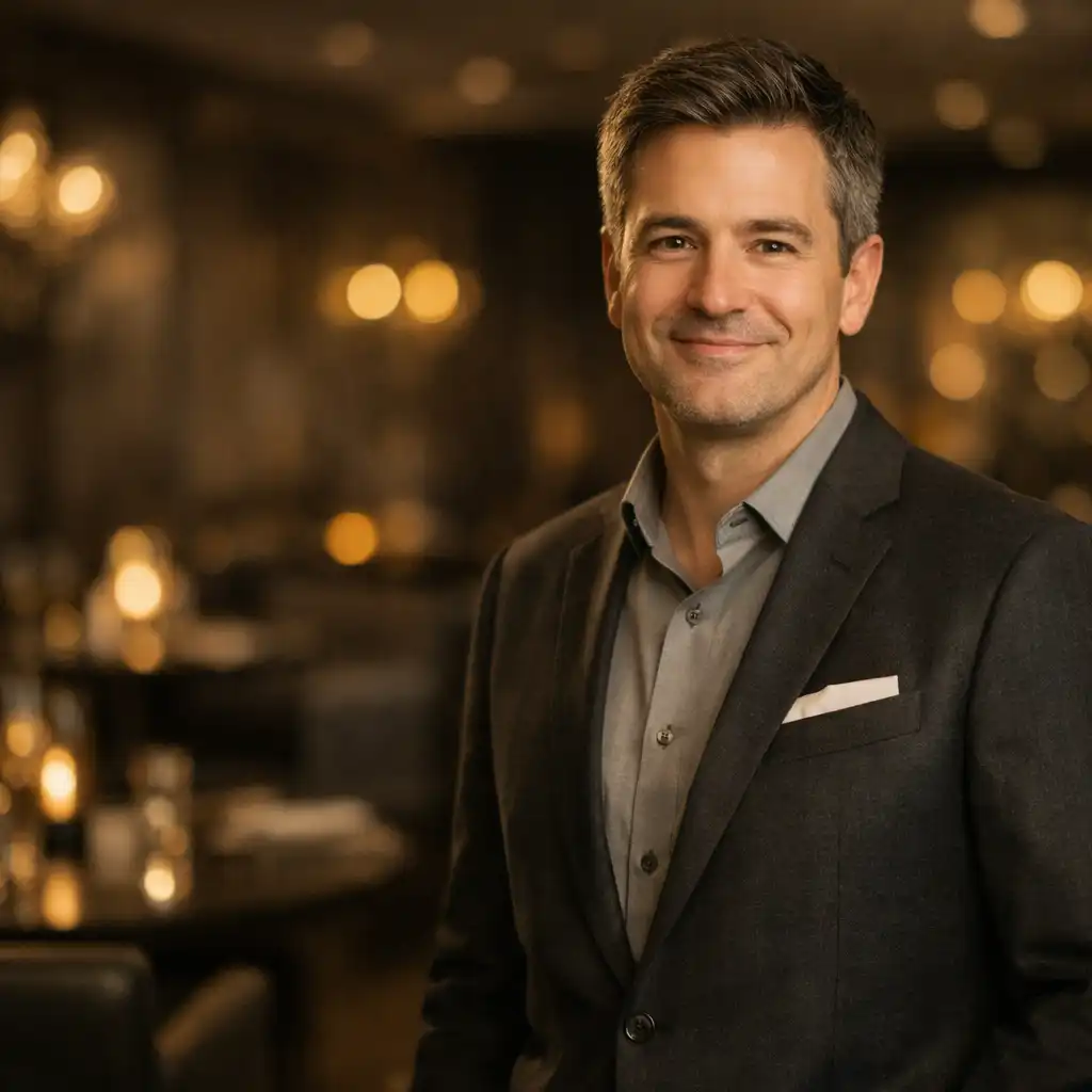 Portrait of a professional host in smart attire standing in a warmly lit restaurant