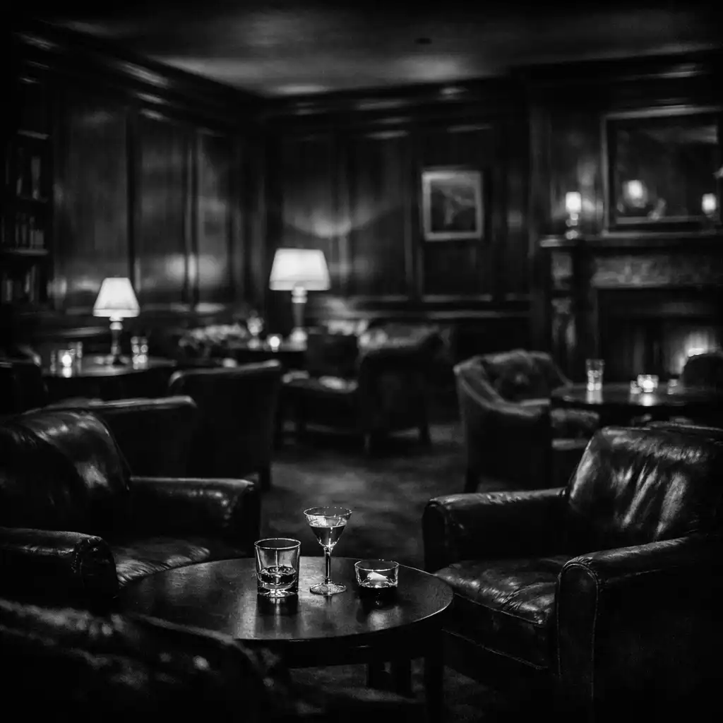 Moody lounge interior with dark wood panelling, leather armchairs, and warm low lighting