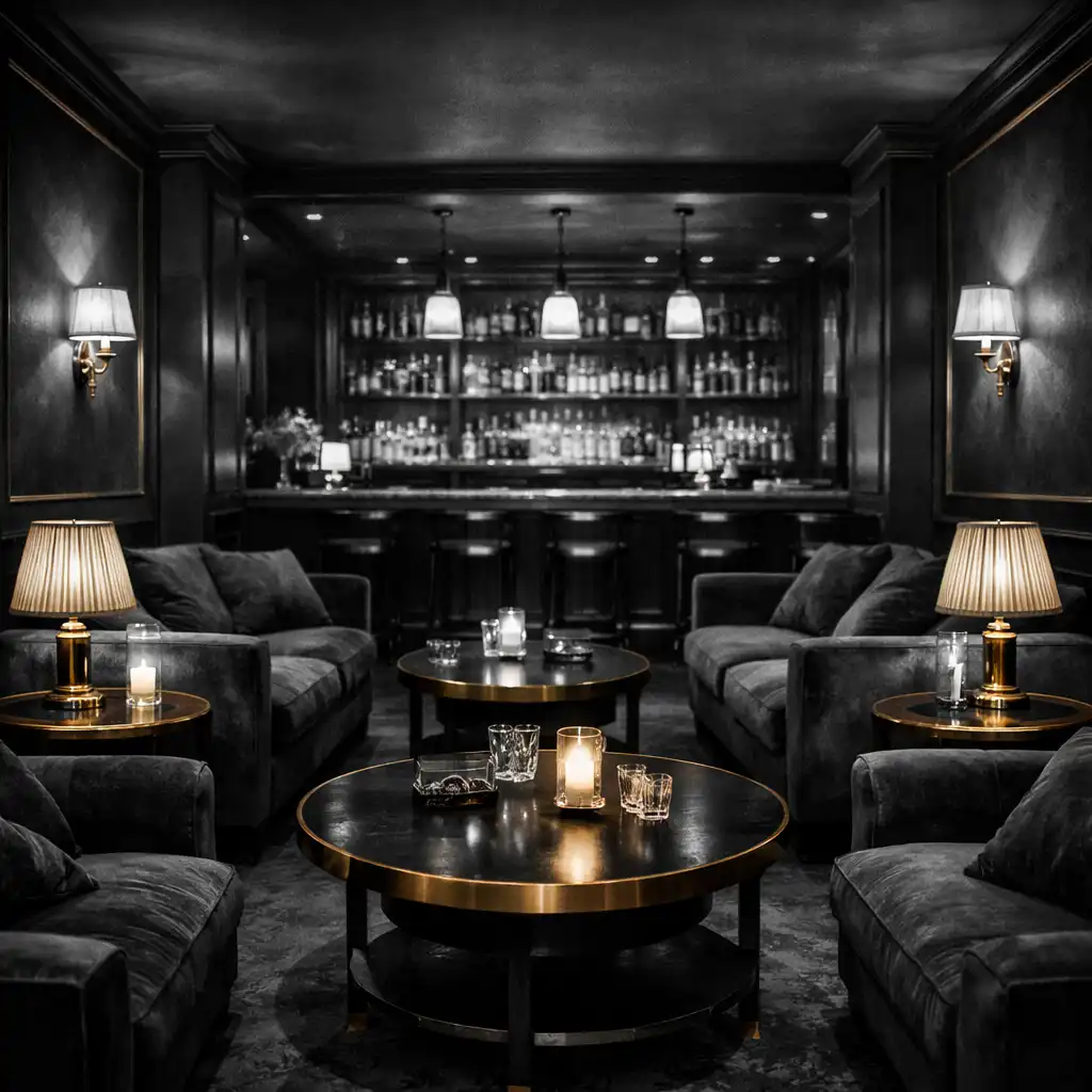 Close-up of leather armchairs facing each other with a small table holding a crystal glass and decanter