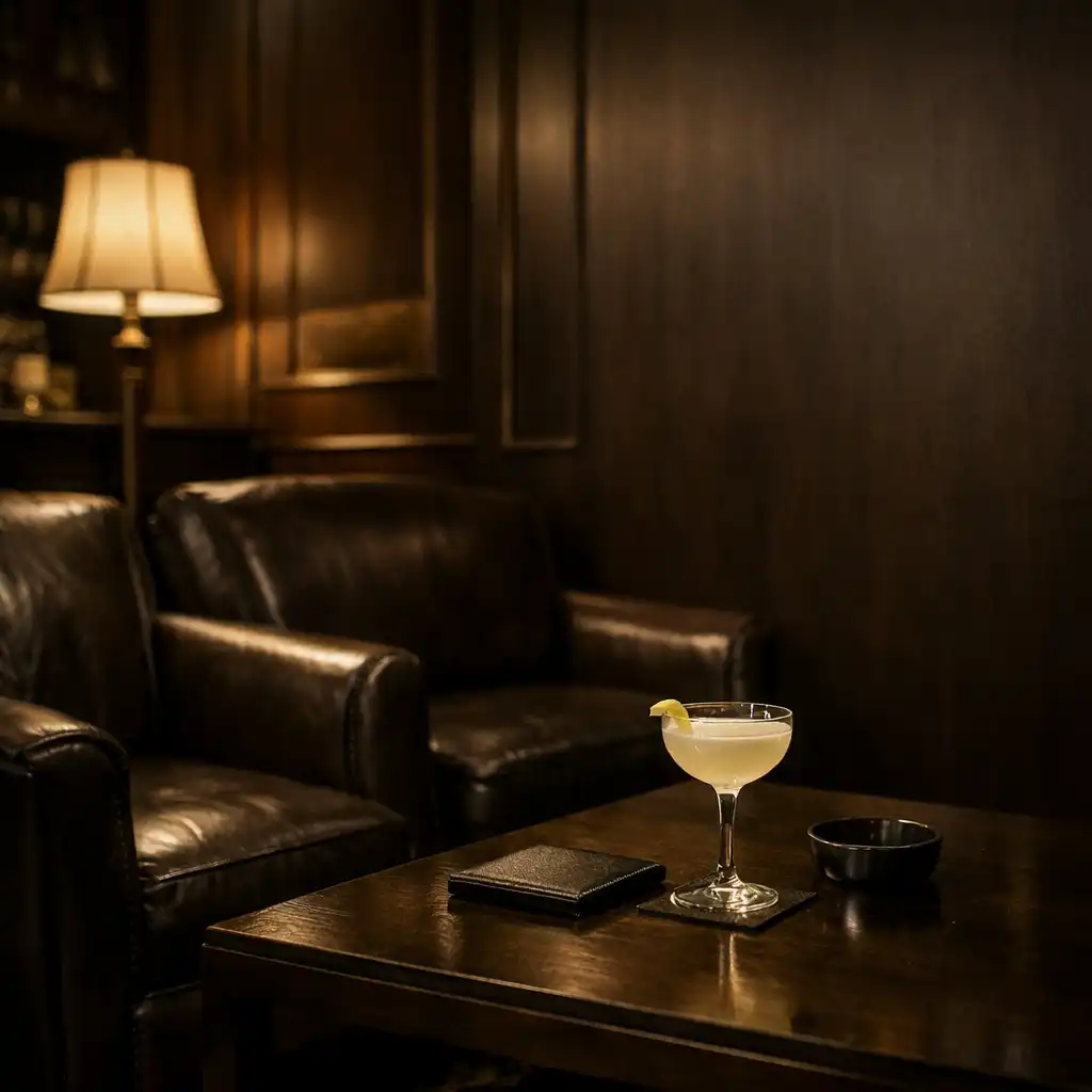 Luxurious lounge area with dark leather armchairs, a low table, and warm floor lamp lighting