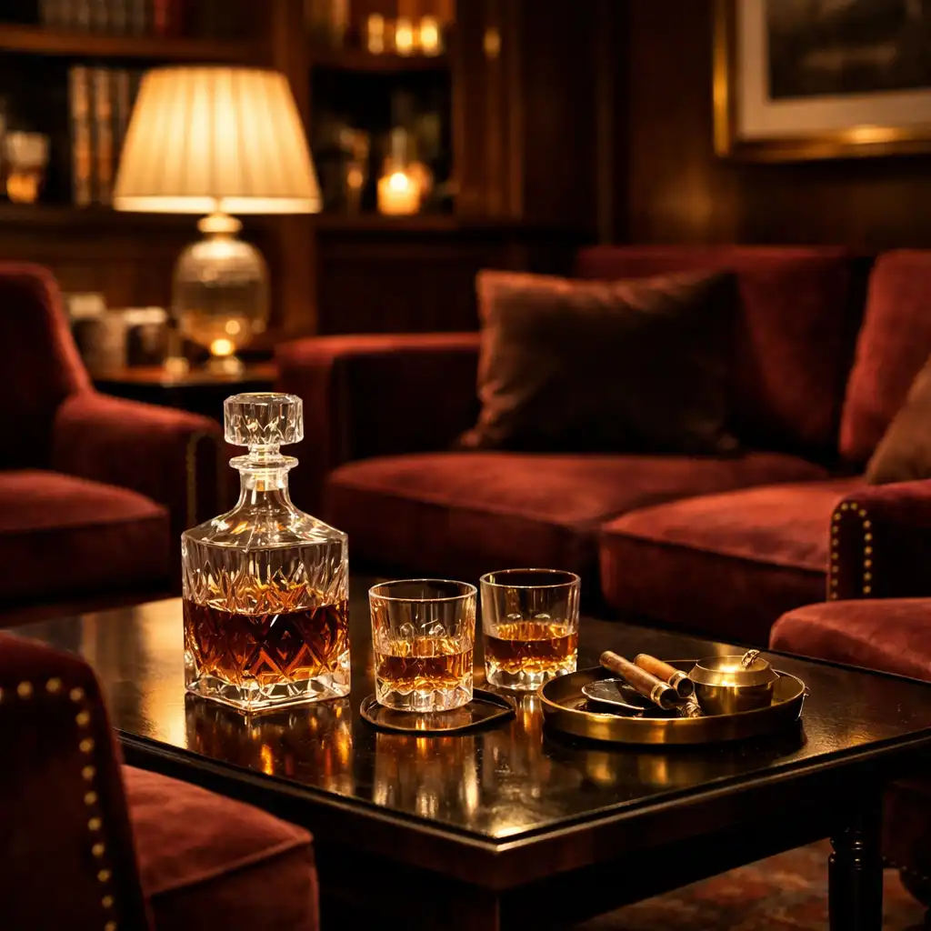 A luxurious lounge area with plush velvet armchairs and a low coffee table with a crystal decanter