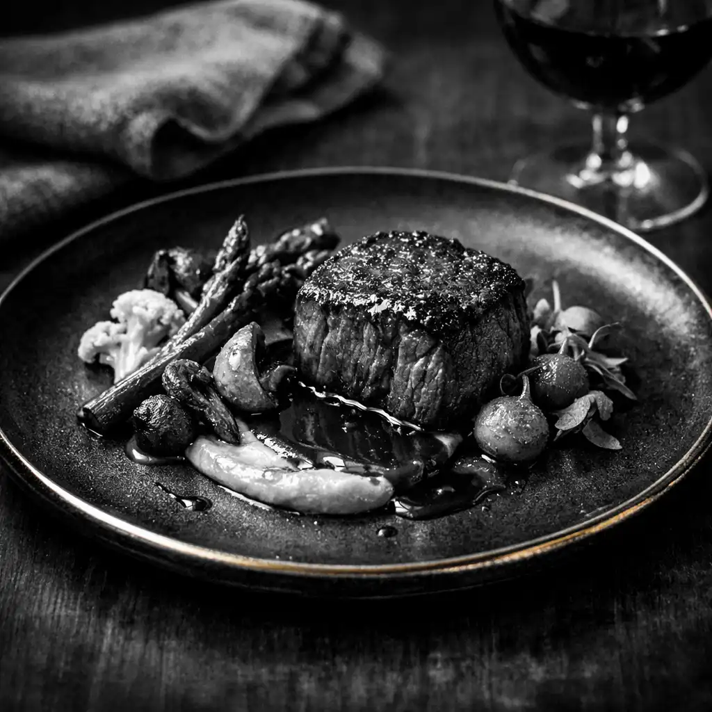 Beautifully plated dish on a dark ceramic plate with seared meat, seasonal vegetables, and a delicate sauce