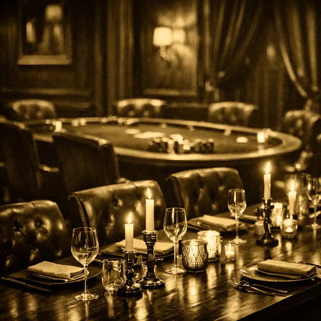 Dimly lit private dining room with a long wooden table set for dinner and a felt-topped poker table in the background