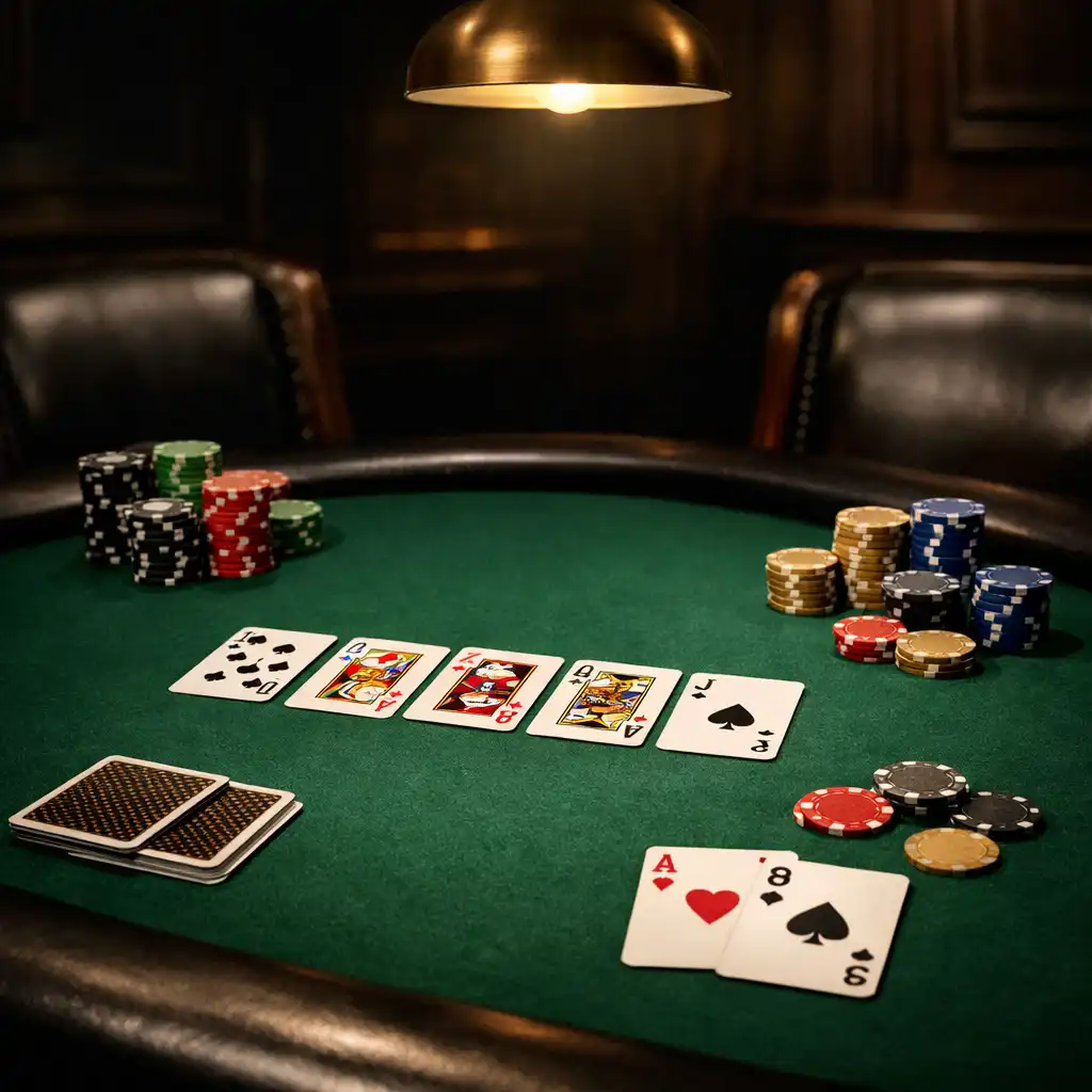 A poker table in an elegant private room with green felt, professional cards, and neatly stacked chips under a soft pendant light