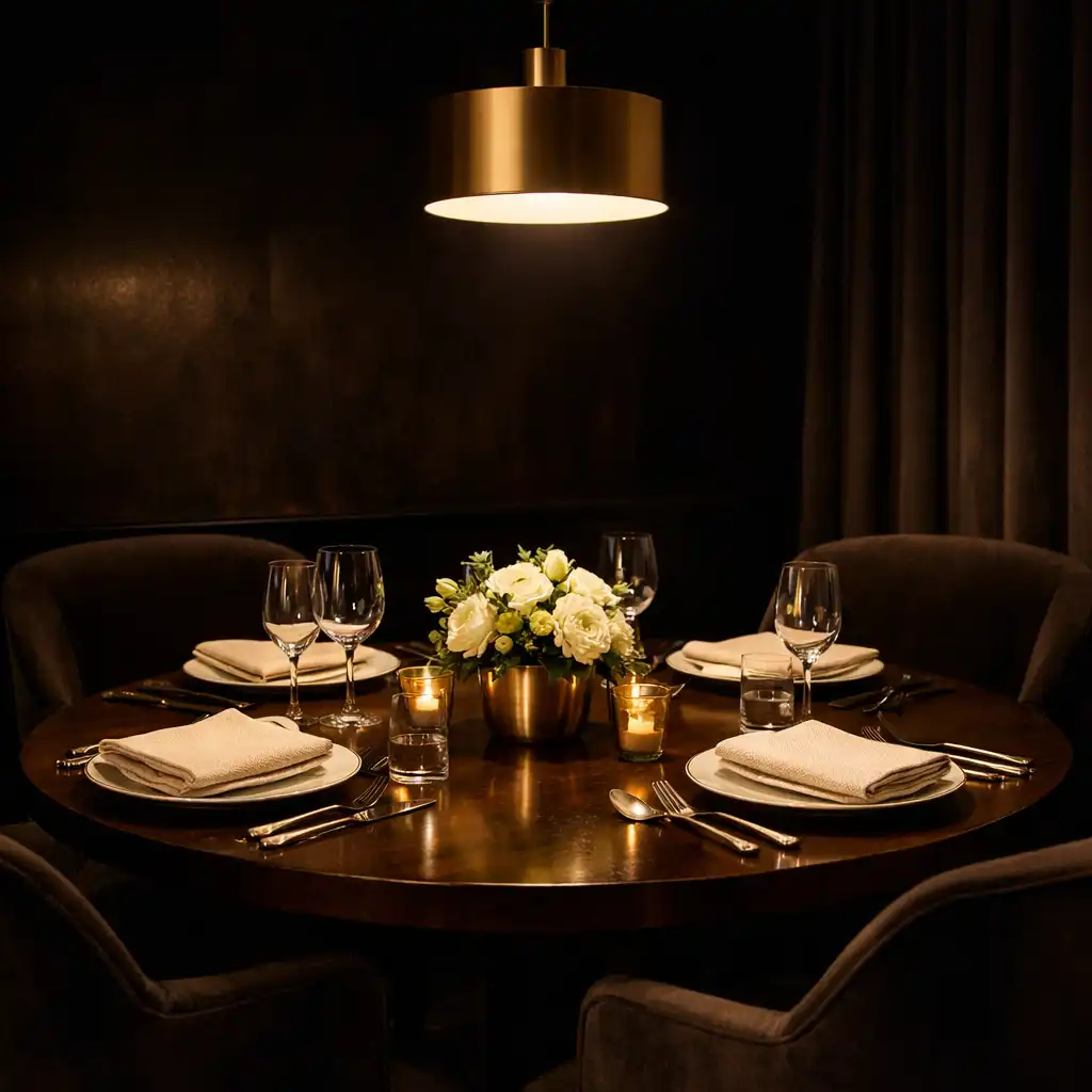 A private dining table set for four in a secluded corner with a small floral arrangement and intimate pendant lighting