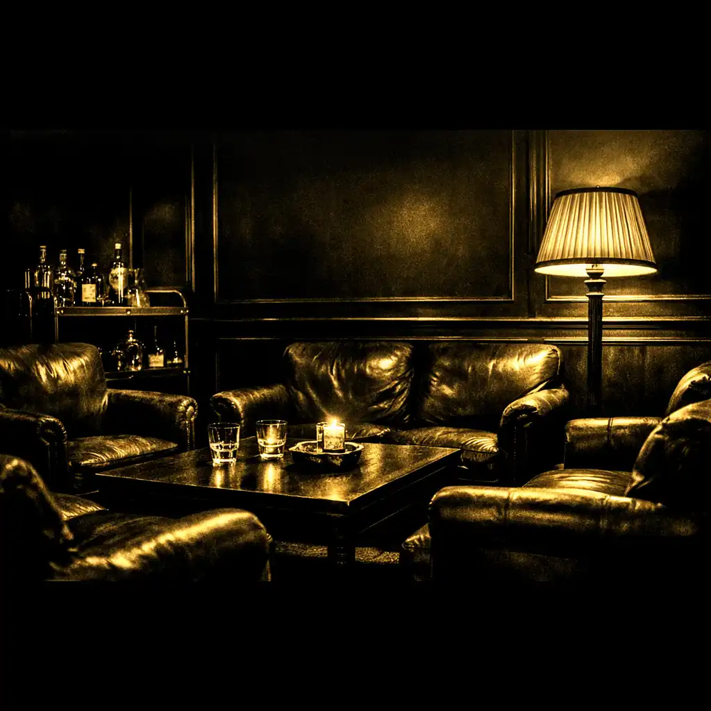 Moody private dining lounge with leather armchairs, a low table, floor lamp and dark walls with gold trim
