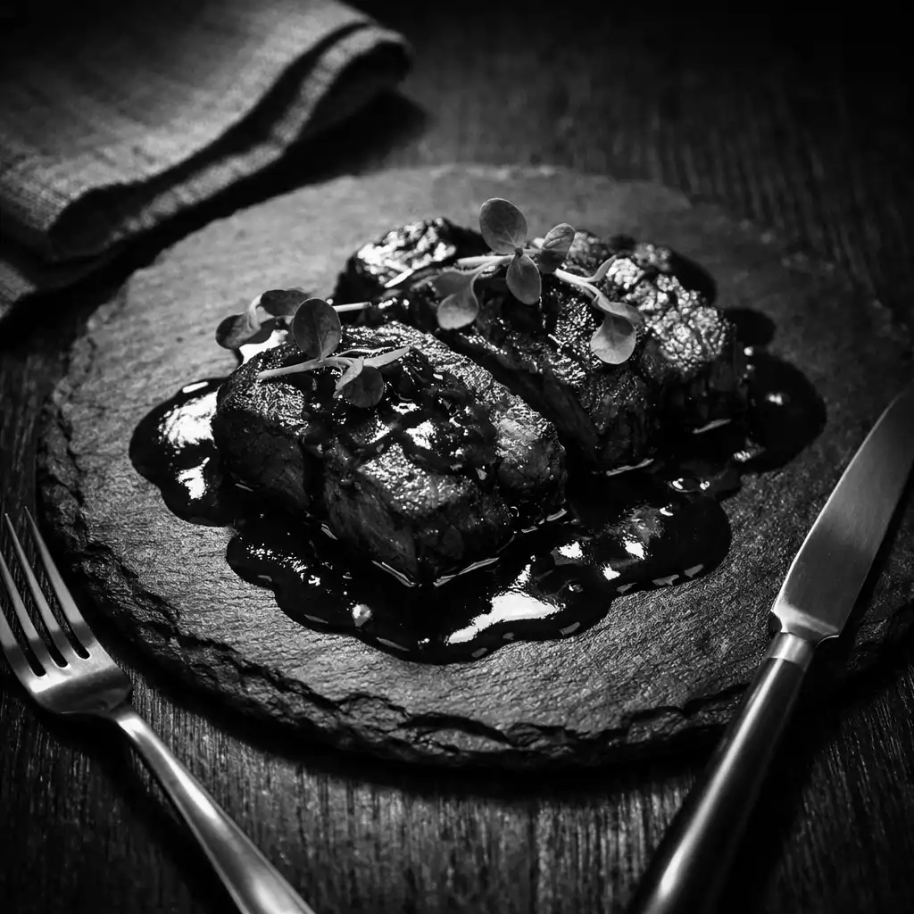 Elegant plated dish with seared meat, rich sauce and microgreens on a dark slate plate with gold cutlery